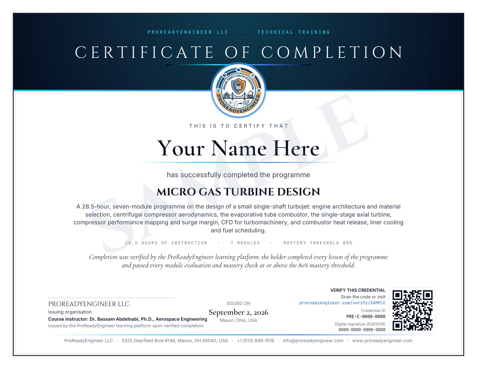 Sample Certificate of Completion for Micro Gas Turbine Design, marked SAMPLE