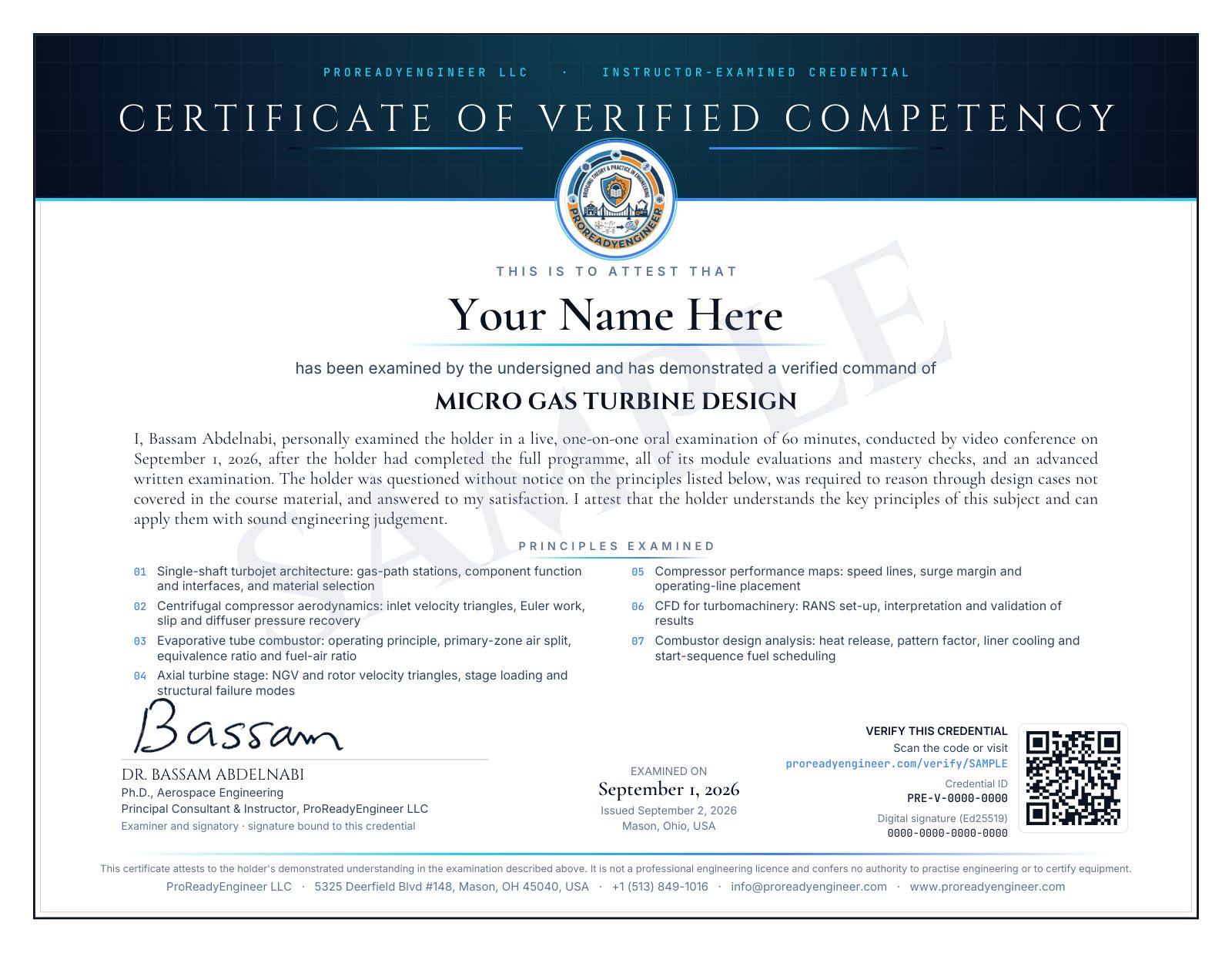Sample Certificate of Verified Competency for Micro Gas Turbine Design, signed by the instructor, marked SAMPLE